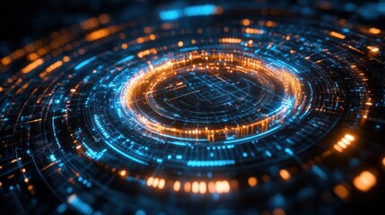 Wall Mural - glowing circular holographic interface with digital lines and patterns, hovering over a sleek black 