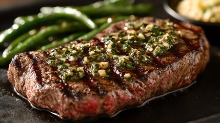 Grilled beef sirloin steak with compound butter, served with sauteed green beans, grilled beef sirloin, classic steak dinner