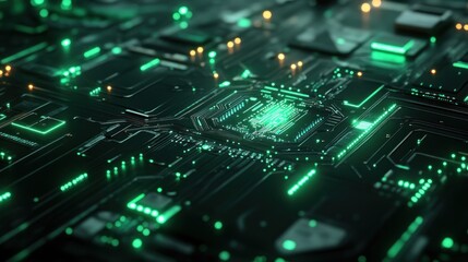 Wall Mural - abstract circuit board design in metallic green and silver with illuminated pathways on a black back