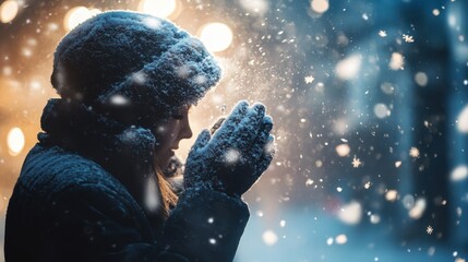 Poster - A serene winter evening with a woman embracing the snowfall while staying warm in her cozy hat and gloves