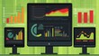 © Edi Purnomo - Multiple computer monitors displaying various data charts and graphs with a green grid background.