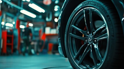 A close-up of a car wheel in an industrial workshop setting.