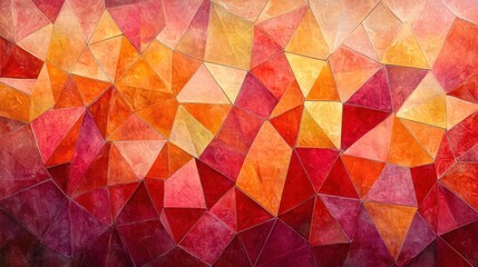 Wall Mural - abstract geometric mosaic made of triangles in warm tones of red, orange, and yellow, creating a dyn