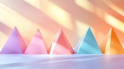 Wall Mural - floating 3d pyramids in soft pastel colors casting long shadows on a clean white surface