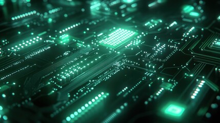 Wall Mural - abstract circuit board design in metallic green and silver with illuminated pathways on a black back