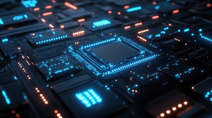 Wall Mural - digital-inspired circuit board design with sharp, clean lines and glowing blue nodes on a black surf