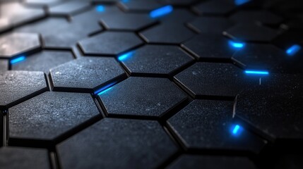 Wall Mural - futuristic hexagonal patterns in sleek shades of grey and black with a glowing blue accent