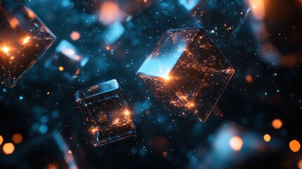 Wall Mural - holographic geometric shapes floating in a black void with subtle reflections and glowing edges