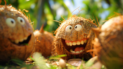 Group of animated coconuts with funny expressions. Humorous and playful characters