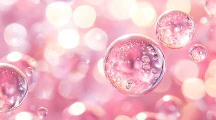 Wall Mural - pink shimmering soap bubbles floating with soft bokeh background generative ai