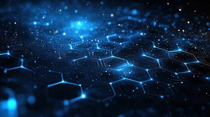 Wall Mural - abstract glowing hexagonal grid in electric blue, fading into a deep black background for a sci-fi f
