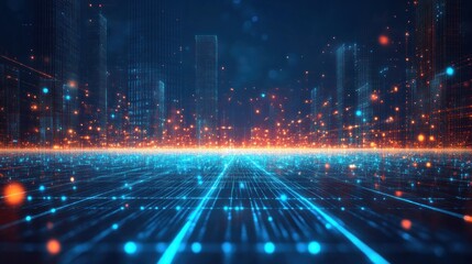 Wall Mural - abstract digital grid with neon blue lines and glowing dots, representing a high-tech landscape