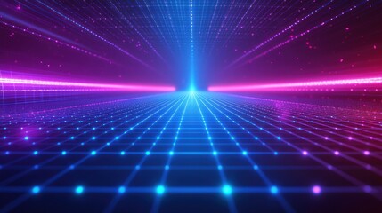 Wall Mural - glowing holographic grid of neon blue and purple lines floating in a dark space, creating a futurist