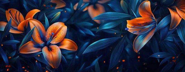 Wall Mural - Vibrant orange lilies glowing against a dark blue ethereal background Generative AI