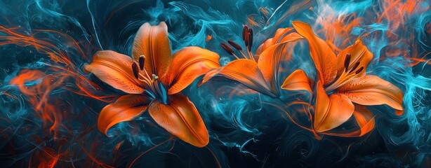 Wall Mural - Vibrant orange lilies glowing against a dark blue ethereal background Generative AI