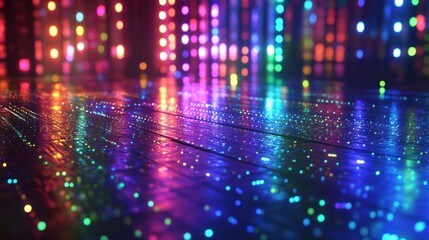 Wall Mural - holographic light patterns in rainbow colors reflecting across a glossy surface, giving a vibrant, h