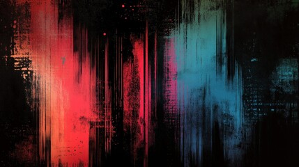 Poster - abstract overlapping glitch lines with pixel distortion in bold red, blue, and green on a black back