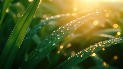 Close-up of dewdrops on fresh blades of grass in the early morning light