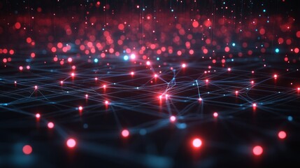 Wall Mural - digital network nodes connected by glowing lines on a dark surface, creating a high-tech web effect