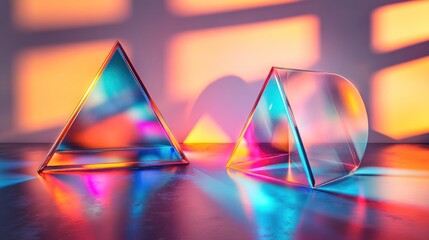 Wall Mural - Floating geometric shapes made of holographic light with neon color transitions, casting faint shadows