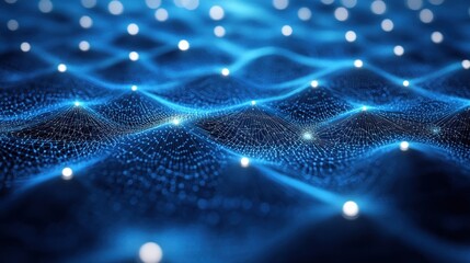 Wall Mural - minimalistic tech background with intersecting white lines and glowing dots on a deep blue surface, 