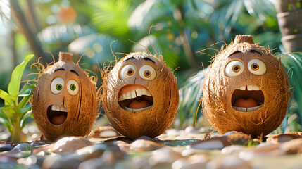 Group of animated coconuts with funny expressions. Humorous and playful characters