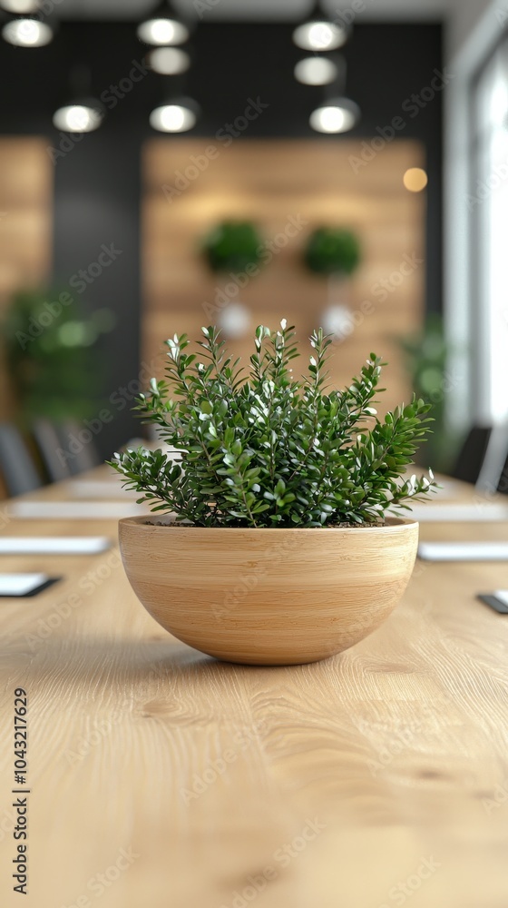 Green Plant in Wooden Pot on Modern Office Table