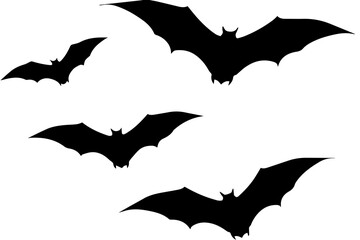 Bats icon set. Bat black silhouette with wings isolated white background. Symbol Halloween holiday, mystery cartoon dark vampire, night flyin element. Spooky scary flat design Vector illustratio
