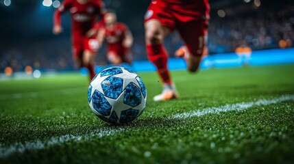 In a thrilling match under the stadium lights, players wearing red uniforms rush towards a Champions League soccer ball resting on the lush green pitch, capturing the intensity of the game.