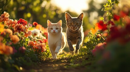 Dog and cat running joyfully through a sunny, colorful flower garden, with blooming petals all around them in a lively spring scene.