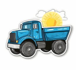 Cartoon illustration of a blue dump truck with a sun in the background.