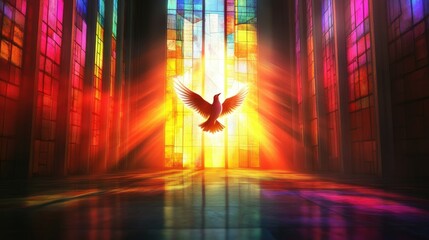 Holy Spirit dove flying toward a bright stained glass window, surrounded by vibrant colors and spiritual light in a sacred church atmosphere.