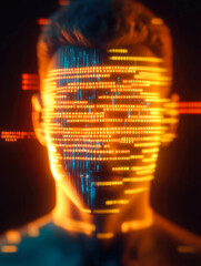 Wall Mural - An artistic depiction of a face composed of neon binary code, symbolizing the blend of human and digital elements in contemporary art.