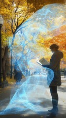 Wall Mural - A person reading a book in an autumn park, surrounded by a blue ethereal mist.