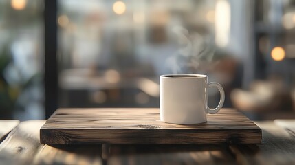 Rustic wooden podium holding a steaming coffee mug, modern frame design with space for promotional text, cozy coffee shop background, softly blurred