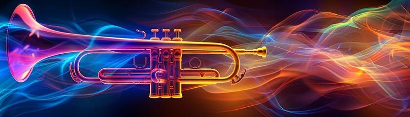 Wall Mural - A vibrant trumpet surrounded by colorful flowing waves, symbolizing music and creativity. Perfect for representing sound, rhythm, and artistic expression.