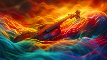 Wall Mural - A stunning violin rests amidst swirling vibrant colors, creating a dynamic visual that represents the essence of music and emotion. Ideal for artistic themes.