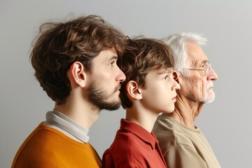 A man stands with a boy and an elderly man in profile, showcasing three generations with distinct features and expressions