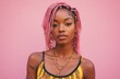 © Georgii - Confident Black woman with pink hair against a vibrant urban pink backdrop wearing a stylish yellow patterned top