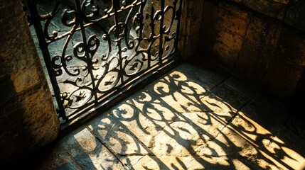 Canvas Print - The intricate shadows of a wrought iron window grate dance across a sunlit stone floor, illuminating the fine craftsmanship and rustic setting.