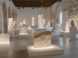 An empty museum gallery with ancient artifacts displayed on pedestals, lit by spotlights.