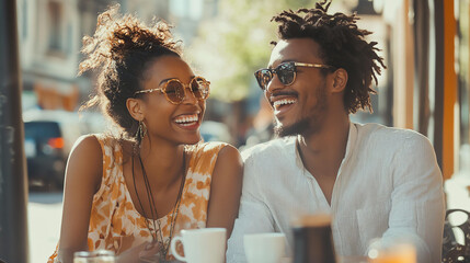 couple laughing smiling together while enjoying brunch at outdoor cafe in cozy autumn foliage season full of joy happiness, coffee orange juice dining table relationship leisure lifestyle love bonding