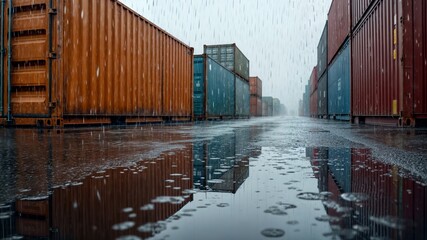 Colorful cargo containers in a large cargo port under a heavy rain.