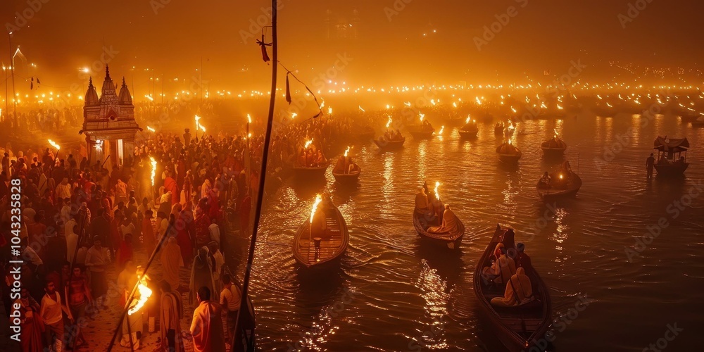 Glowing Boats & Fire Ritual on a Holy River at Night Stock Photo ...