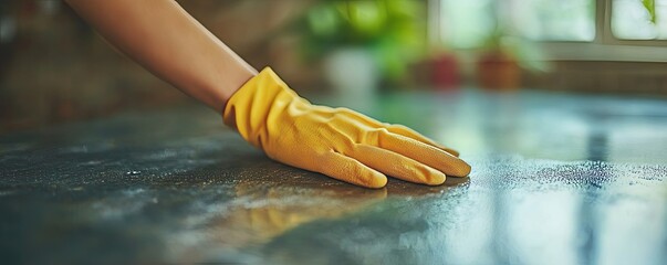 Close-up hand of maid cleaning table during household job, Generative AI