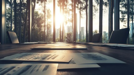 Poster - A sunlit conference room with papers on a table, showcasing a business environment.