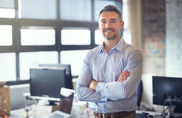 Aufkleber - Portrait, confidence and happy businessman in office with company experience, smile and pride for career. Face, arms crossed and mature expert manager, professional and financial broker in Finland