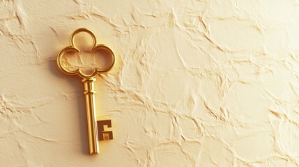 Canvas Print - A golden key with a clover design against a textured beige background.