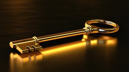 Sticker - A shiny golden key resting on a reflective surface, symbolizing access or unlocking potential.