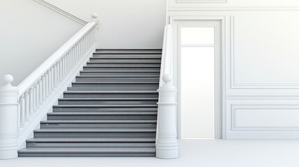 Wall Mural - A minimalist interior featuring a staircase and an open door, emphasizing elegance and space.